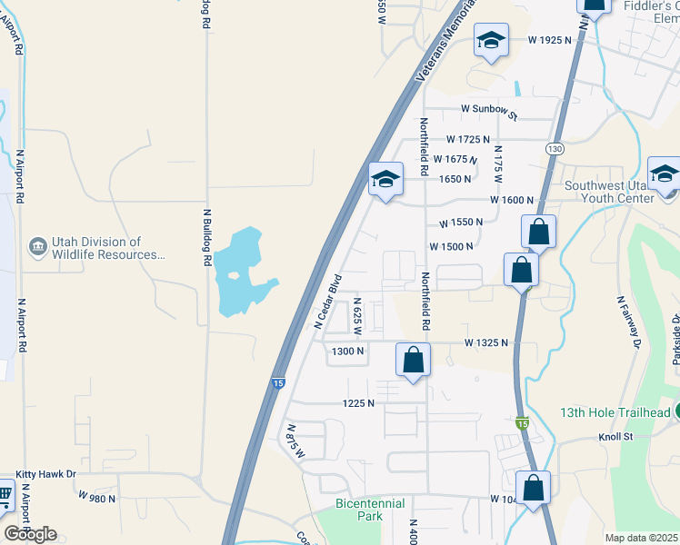 map of restaurants, bars, coffee shops, grocery stores, and more near 1451 North Cedar Boulevard in Cedar City