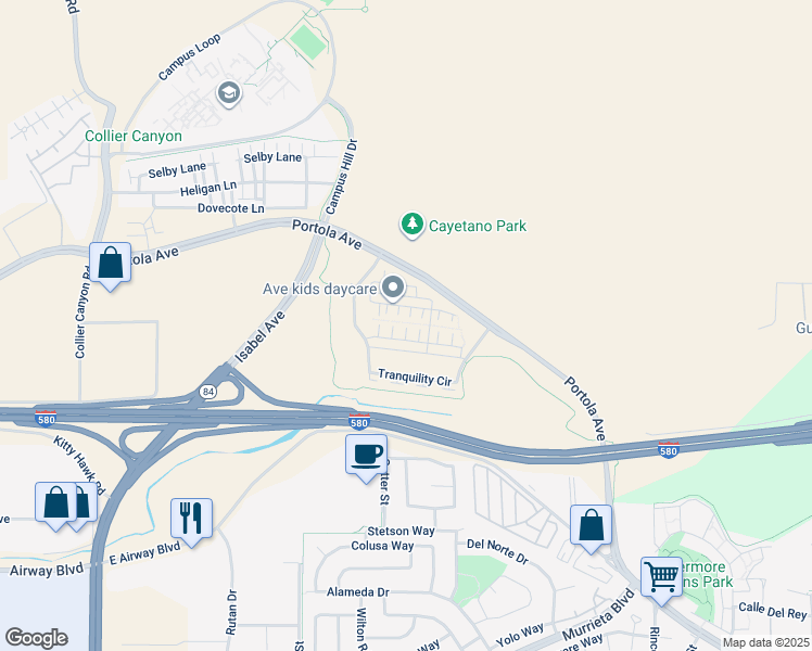 map of restaurants, bars, coffee shops, grocery stores, and more near 361 Basswood Common in Livermore