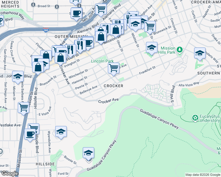 map of restaurants, bars, coffee shops, grocery stores, and more near 21 Alexander Avenue in Daly City
