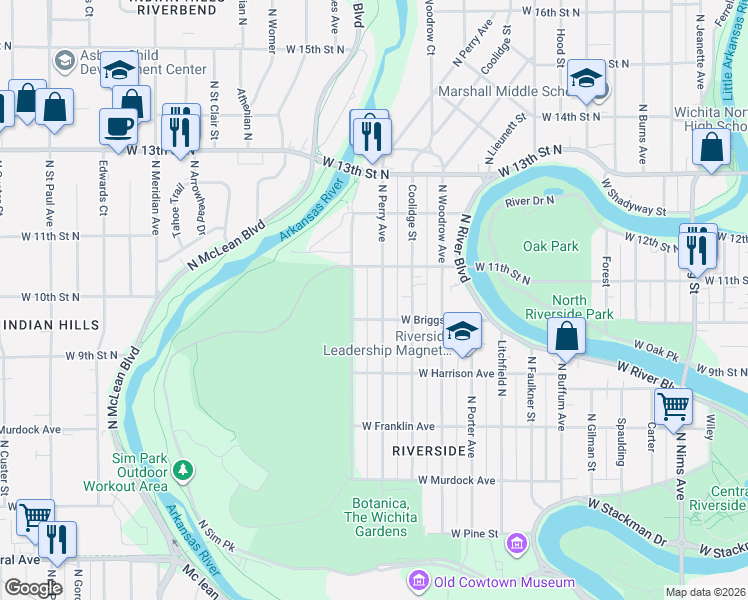 map of restaurants, bars, coffee shops, grocery stores, and more near 1135 North Perry Avenue in Wichita