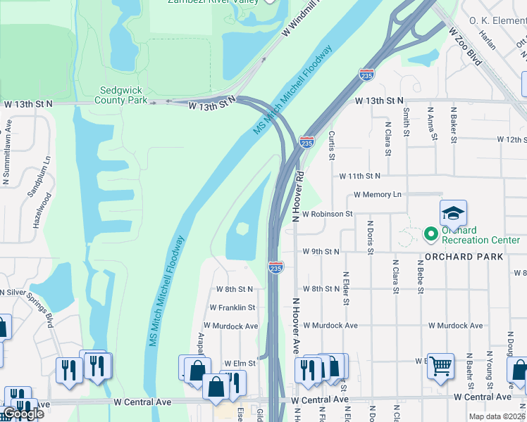 map of restaurants, bars, coffee shops, grocery stores, and more near 1131 North Lakewind Street in Wichita