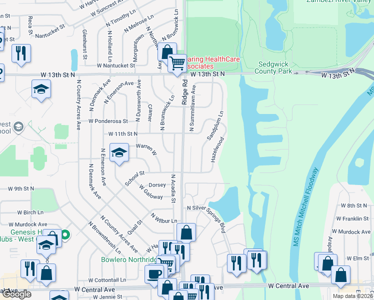 map of restaurants, bars, coffee shops, grocery stores, and more near 1118 North Acadia Street in Wichita