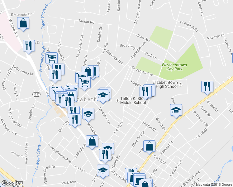 map of restaurants, bars, coffee shops, grocery stores, and more near 399 Morningside Drive in Elizabethtown