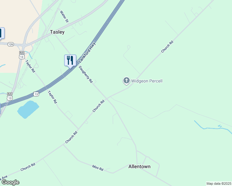map of restaurants, bars, coffee shops, grocery stores, and more near 24548 Church Road in Accomac