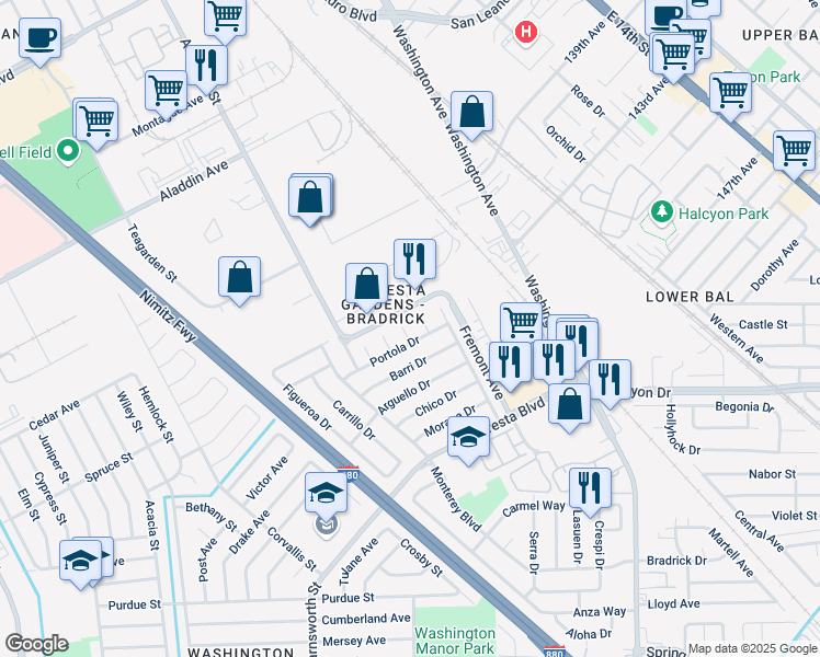 map of restaurants, bars, coffee shops, grocery stores, and more near 3415 Del Rio Circle in San Leandro