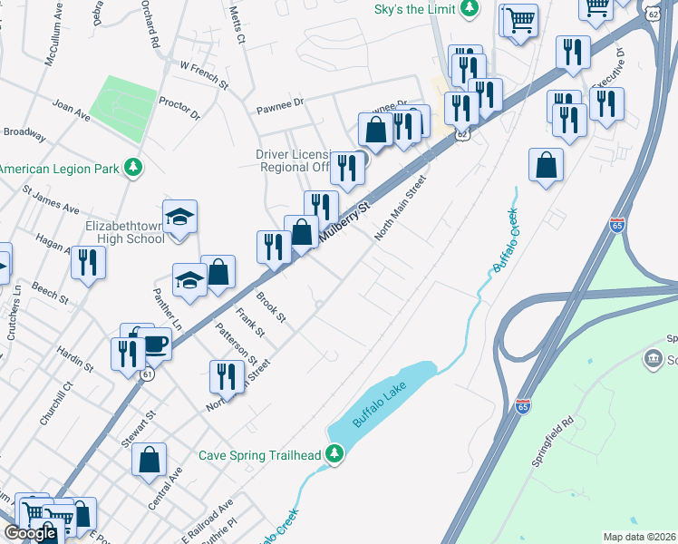 map of restaurants, bars, coffee shops, grocery stores, and more near 101 West French Street in Elizabethtown