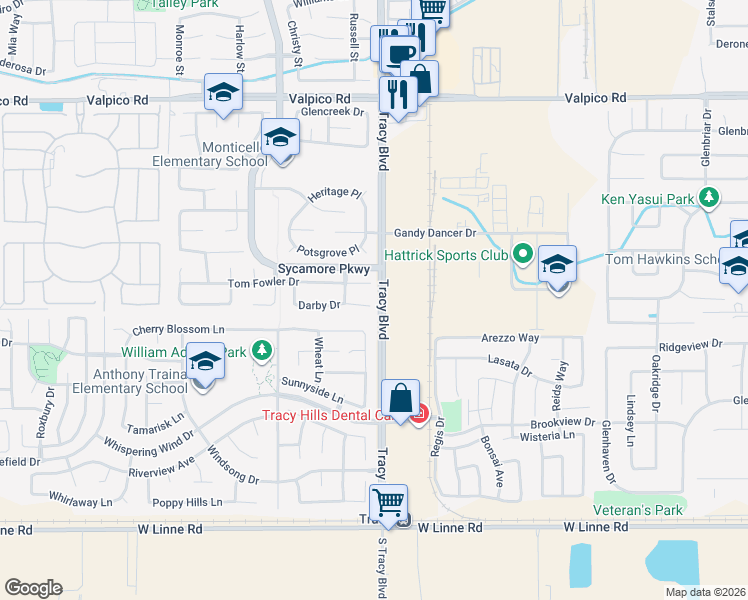 map of restaurants, bars, coffee shops, grocery stores, and more near 703 Darby Court in Tracy