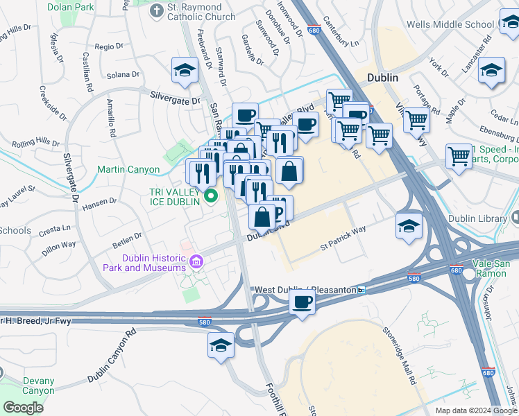 map of restaurants, bars, coffee shops, grocery stores, and more near 7906 Regional Common in Dublin