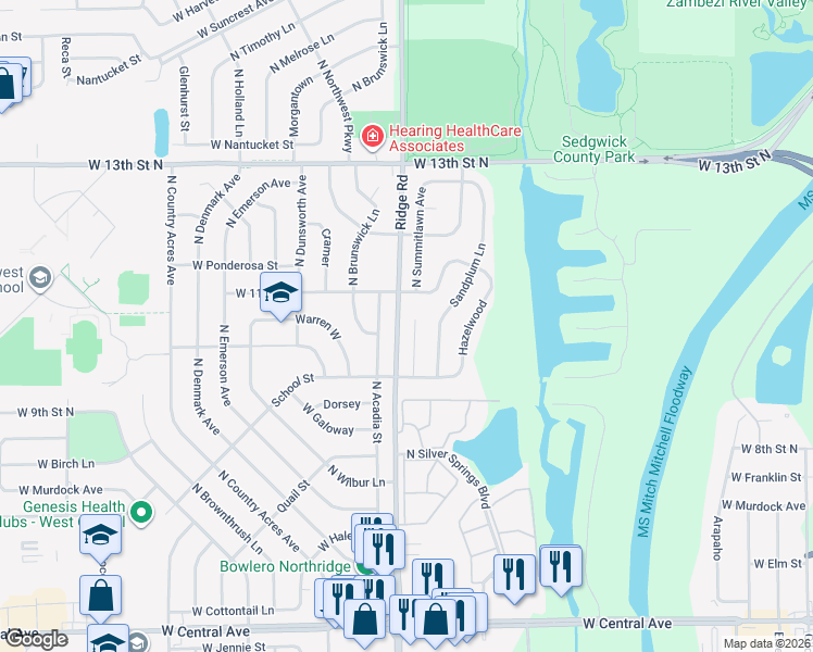 map of restaurants, bars, coffee shops, grocery stores, and more near 1118 North Acadia Street in Wichita