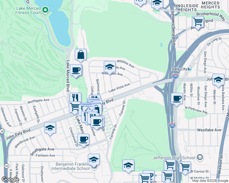 map of restaurants, bars, coffee shops, grocery stores, and more near 95 Lake Vista Avenue in Daly City