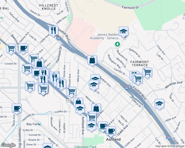map of restaurants, bars, coffee shops, grocery stores, and more near 1695 159th Avenue in San Leandro
