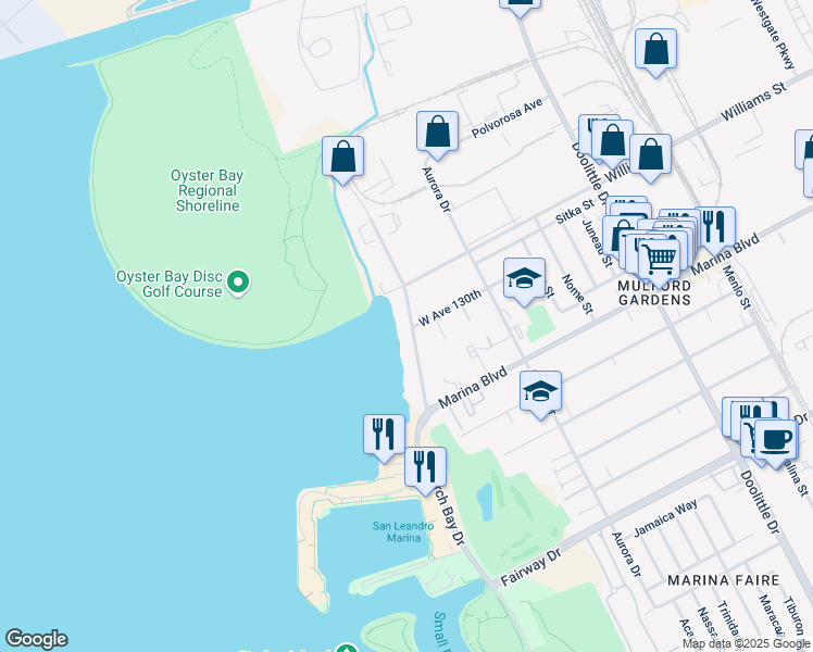 map of restaurants, bars, coffee shops, grocery stores, and more near 12985 Neptune Drive in San Leandro