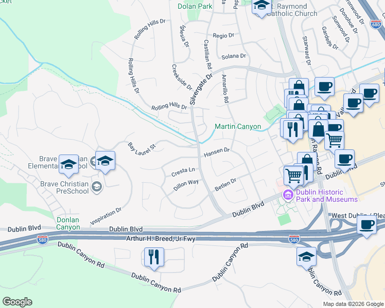 map of restaurants, bars, coffee shops, grocery stores, and more near 7391 Hansen Drive in Dublin