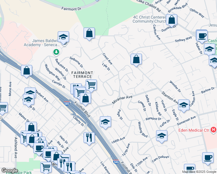 map of restaurants, bars, coffee shops, grocery stores, and more near 16347 Panoramic Way in San Leandro