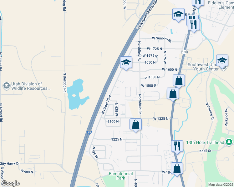 map of restaurants, bars, coffee shops, grocery stores, and more near 608 West 1450 North in Cedar City