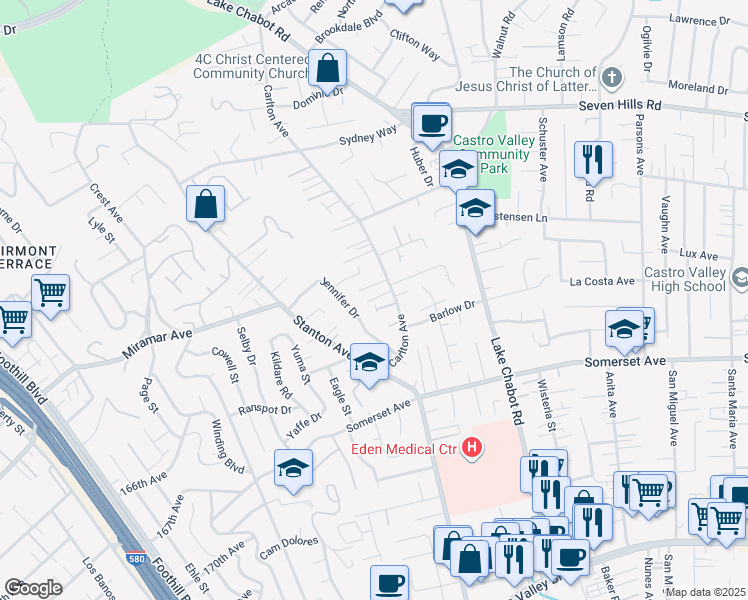 map of restaurants, bars, coffee shops, grocery stores, and more near 19243 Carlton Avenue in Castro Valley