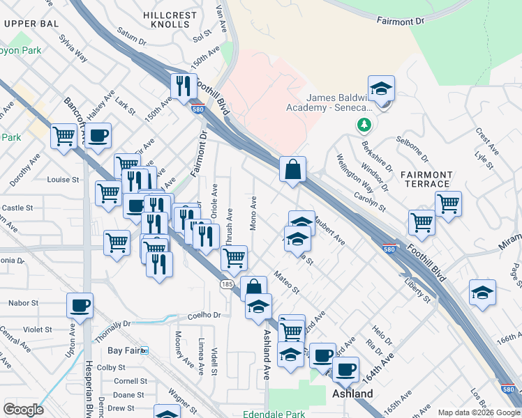 map of restaurants, bars, coffee shops, grocery stores, and more near 1612 Mono Avenue in San Leandro