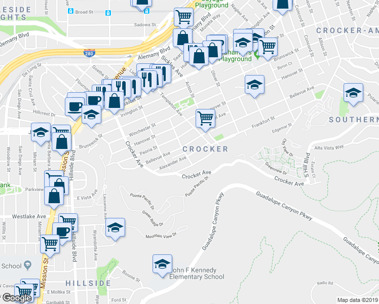 map of restaurants, bars, coffee shops, grocery stores, and more near 589 Bellevue Avenue in Daly City