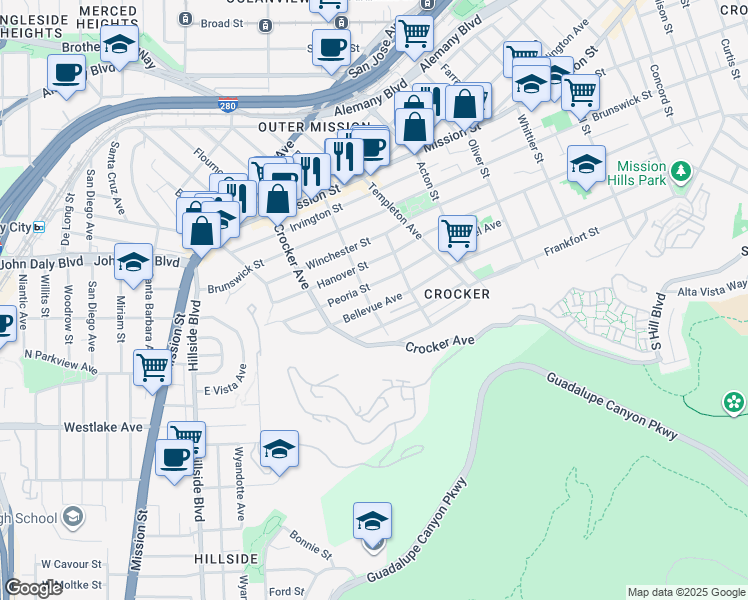 map of restaurants, bars, coffee shops, grocery stores, and more near 662 Bellevue Avenue in Daly City