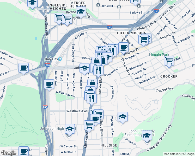 map of restaurants, bars, coffee shops, grocery stores, and more near 6500 Mission Street in Daly City