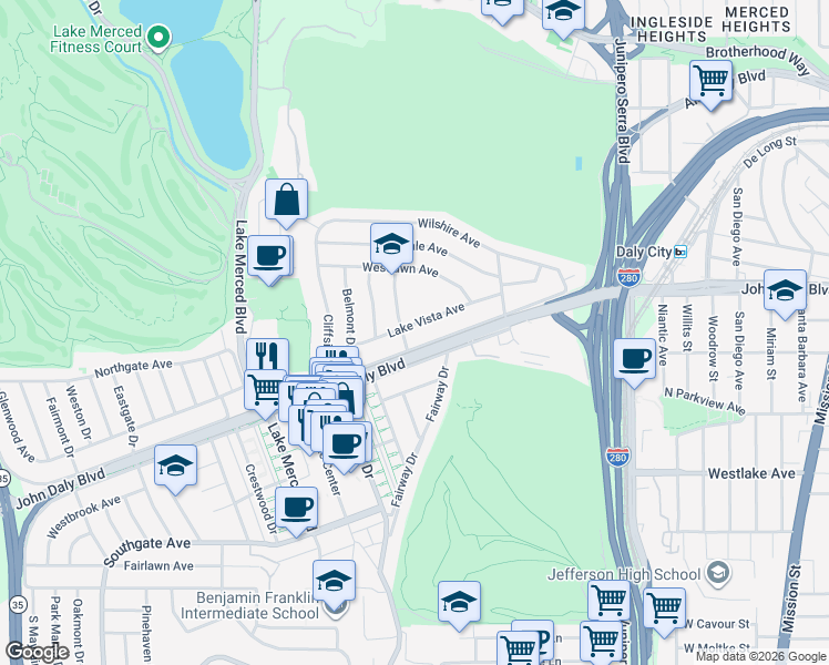 map of restaurants, bars, coffee shops, grocery stores, and more near 95 Lake Vista Avenue in Daly City
