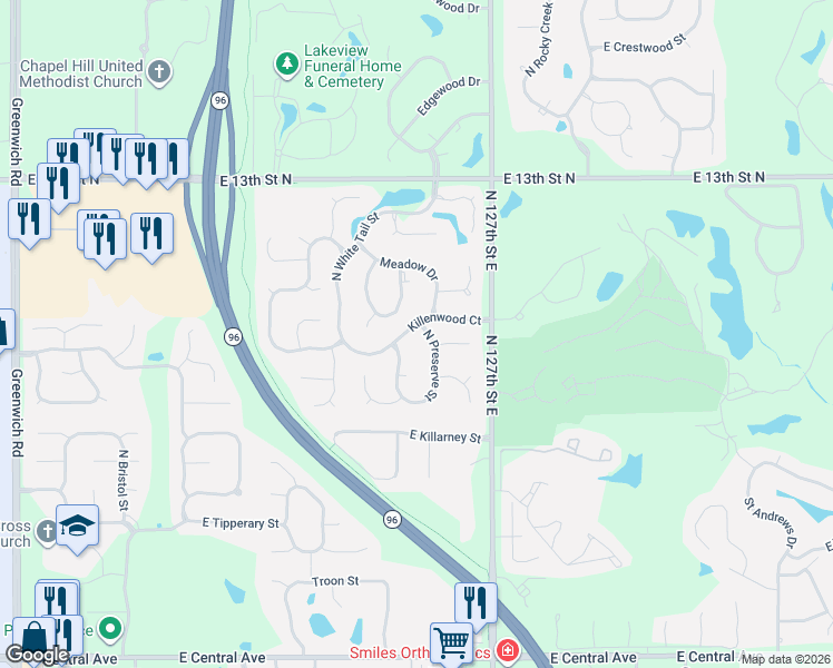 map of restaurants, bars, coffee shops, grocery stores, and more near 12439-12539 Killenwood Dr in Wichita