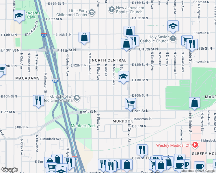 map of restaurants, bars, coffee shops, grocery stores, and more near in Wichita