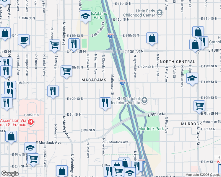 map of restaurants, bars, coffee shops, grocery stores, and more near 1150 North Cleveland in Wichita