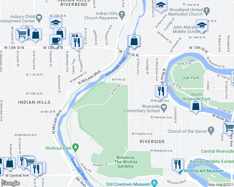 map of restaurants, bars, coffee shops, grocery stores, and more near 1152 Amidon Street in Wichita