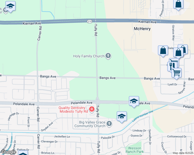 map of restaurants, bars, coffee shops, grocery stores, and more near 1300 Bangs Avenue in Modesto