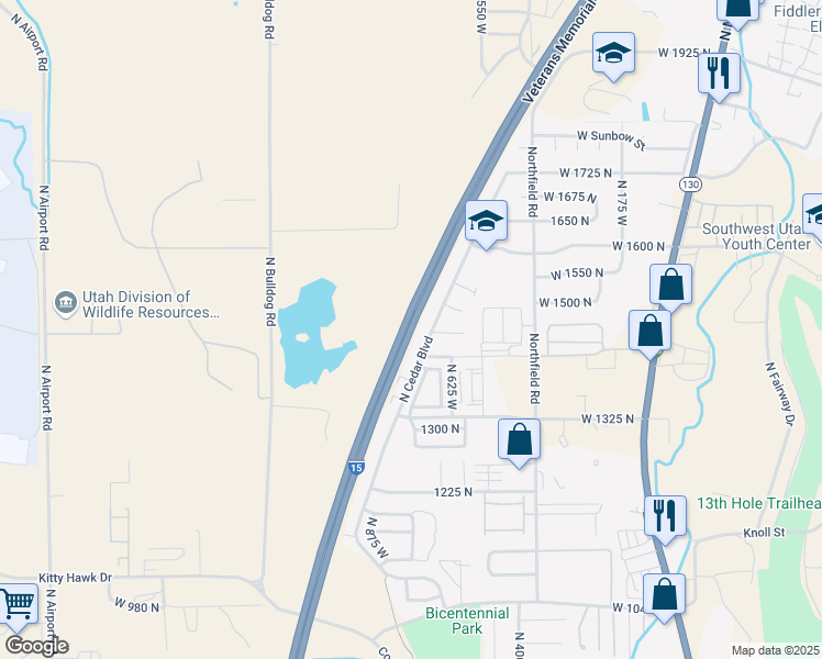 map of restaurants, bars, coffee shops, grocery stores, and more near Veterans Memorial Hwy in Cedar City