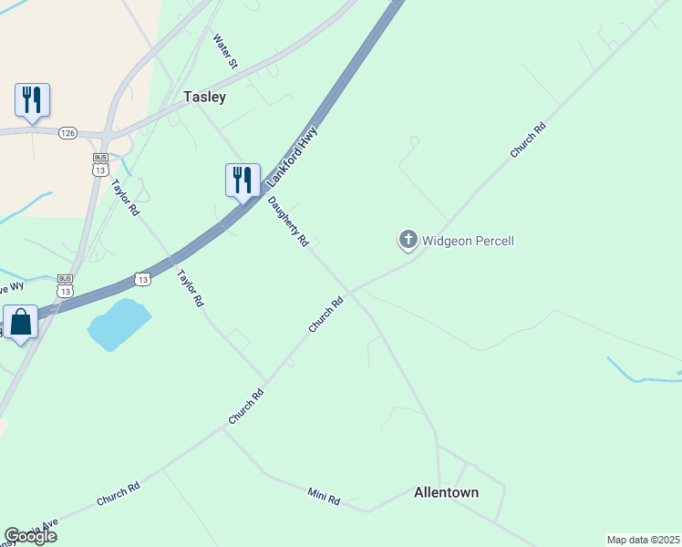 map of restaurants, bars, coffee shops, grocery stores, and more near 22255 Daugherty Road in Accomac