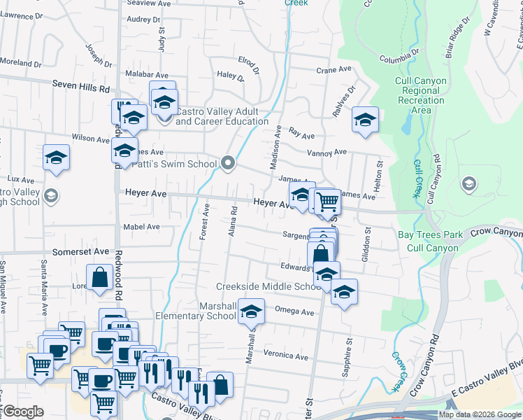 map of restaurants, bars, coffee shops, grocery stores, and more near 19511 Heyer Heights in Castro Valley