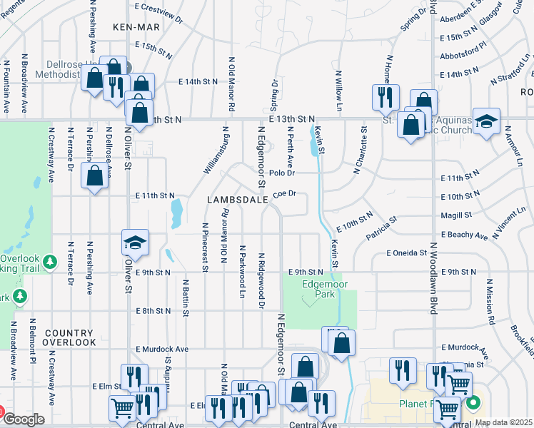 map of restaurants, bars, coffee shops, grocery stores, and more near 1132 North Ridgewood Drive in Wichita