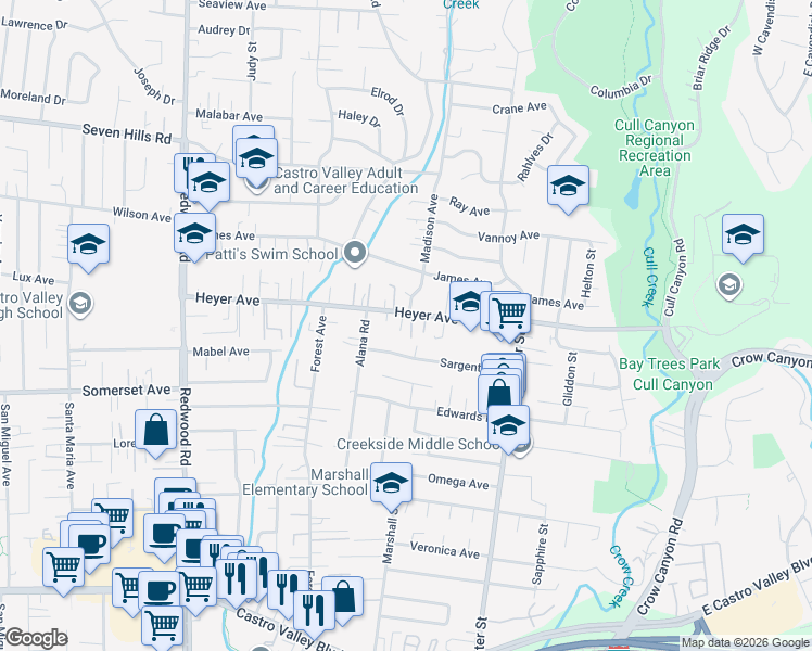 map of restaurants, bars, coffee shops, grocery stores, and more near 19511 Heyer Heights in Castro Valley