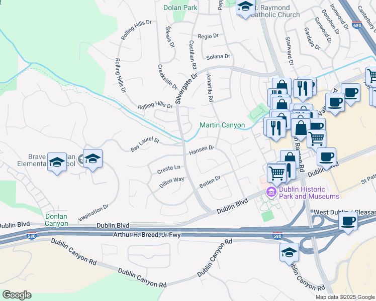 map of restaurants, bars, coffee shops, grocery stores, and more near 7371 Hansen Drive in Dublin