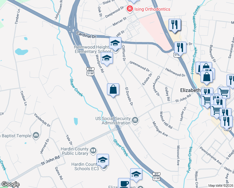 map of restaurants, bars, coffee shops, grocery stores, and more near 625 Westport Road in Elizabethtown