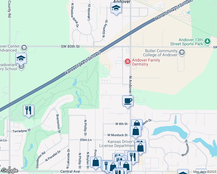 map of restaurants, bars, coffee shops, grocery stores, and more near 323 West Mike Street in Andover