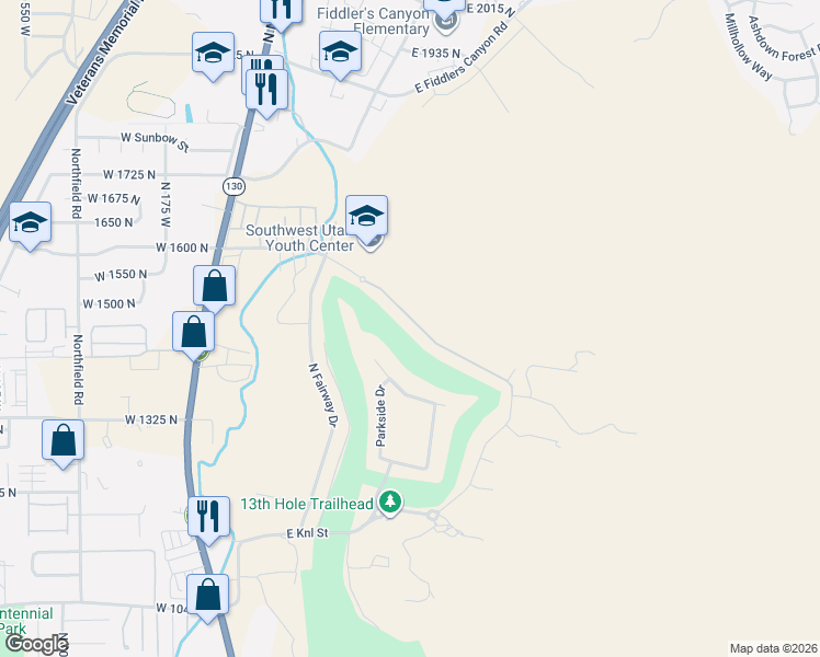 map of restaurants, bars, coffee shops, grocery stores, and more near 1489 North Knoll Street in Cedar City