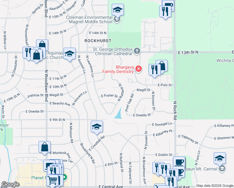 map of restaurants, bars, coffee shops, grocery stores, and more near 7308 East Foster Street in Wichita