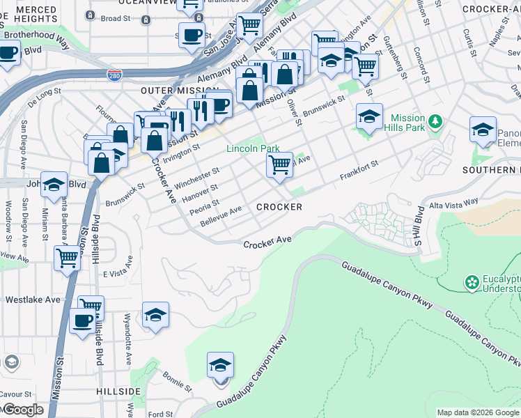 map of restaurants, bars, coffee shops, grocery stores, and more near 589 Bellevue Avenue in Daly City