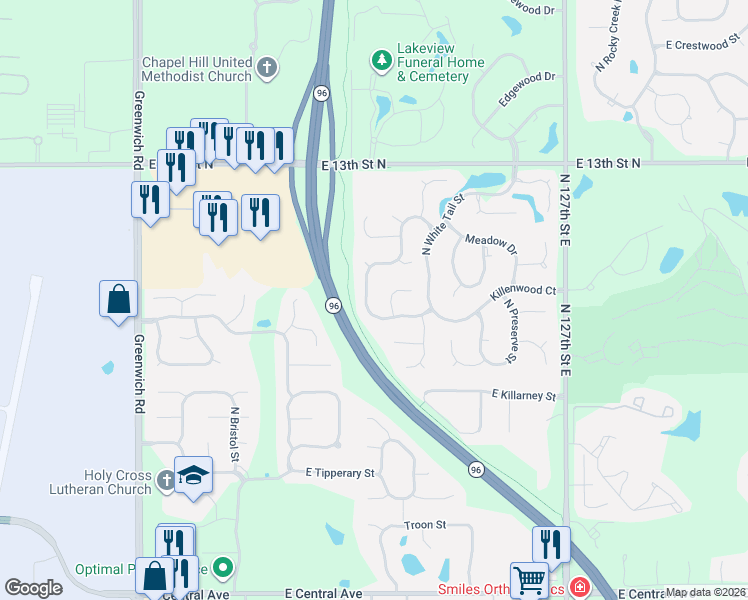 map of restaurants, bars, coffee shops, grocery stores, and more near 1125 N Bracken St in Wichita