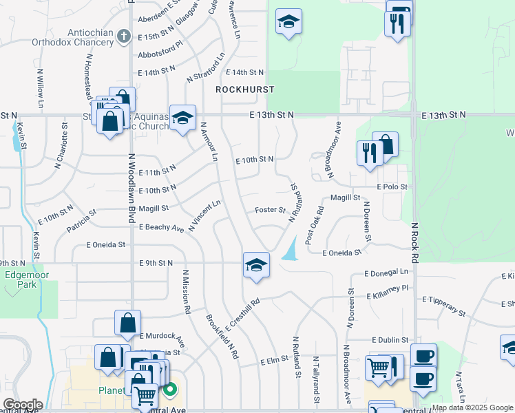 map of restaurants, bars, coffee shops, grocery stores, and more near 7018 East Foster Street in Wichita