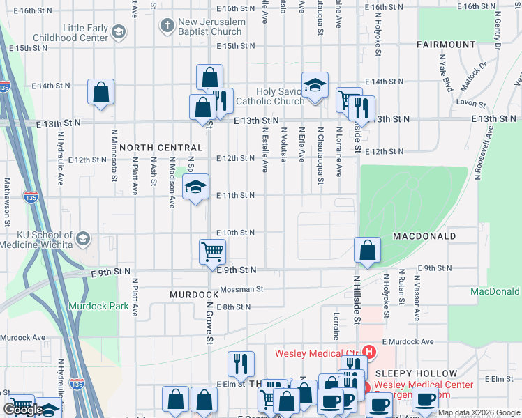 map of restaurants, bars, coffee shops, grocery stores, and more near 1143 North Estelle Avenue in Wichita