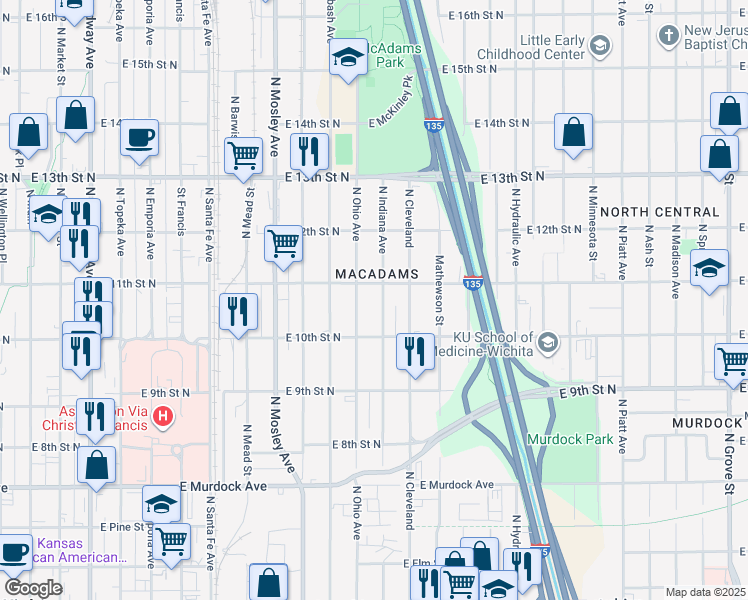 map of restaurants, bars, coffee shops, grocery stores, and more near 1152 Indiana in Wichita