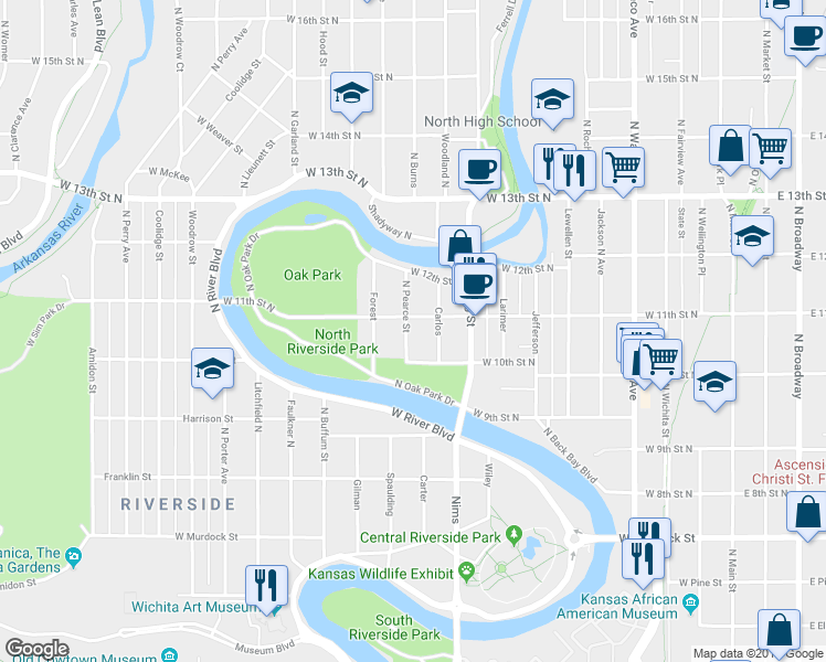 map of restaurants, bars, coffee shops, grocery stores, and more near 1131 Carlos in Wichita