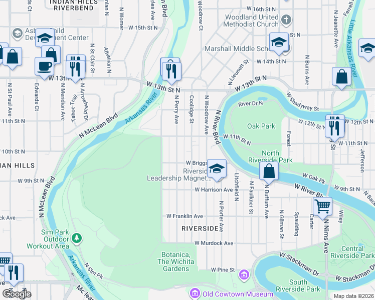 map of restaurants, bars, coffee shops, grocery stores, and more near 1141 N Coolidge Ave in Wichita