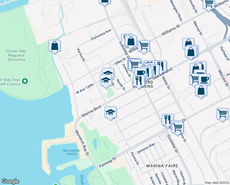 map of restaurants, bars, coffee shops, grocery stores, and more near 2161 Arctic Street in San Leandro