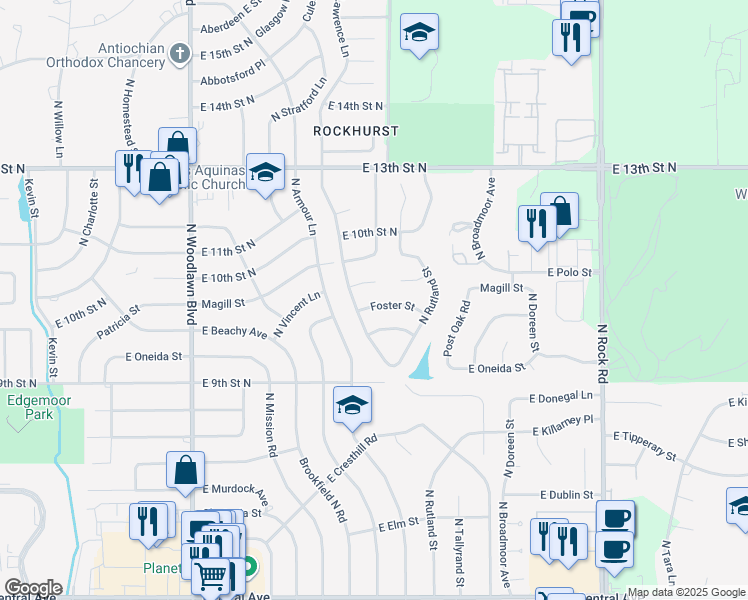 map of restaurants, bars, coffee shops, grocery stores, and more near 7018 East Foster Street in Wichita