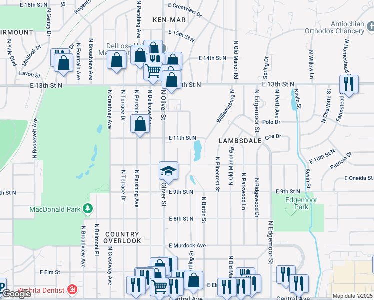 map of restaurants, bars, coffee shops, grocery stores, and more near 1137 Harding St in Wichita